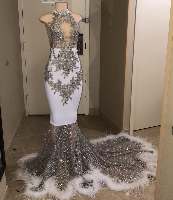 

2020 Sexy Silver Feather Mermaid Prom Dresses See Through Lace Beads Feathers Formal Evening Party Gowns Vestidos de fiesta Prom Gowns, Chocolate