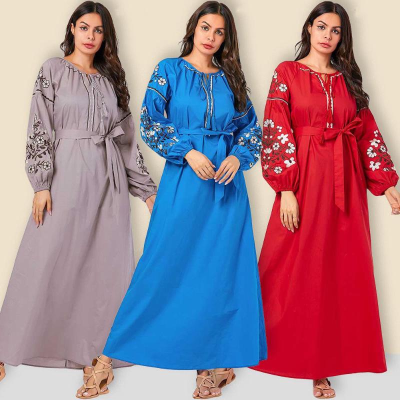 

Abayas for Women Muslim Dress Floral Embroidery Long Dresses Lantern Sleeve Arabian Islamic Kimono Dubai Clothing Plus Size 4XL
