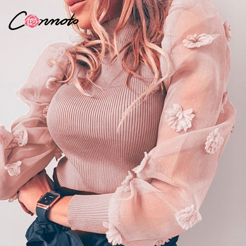 

Conmoto pink knitted three-dimensional flower women sweater shirts turtle pullover shirt rib puff plus size vintage tops