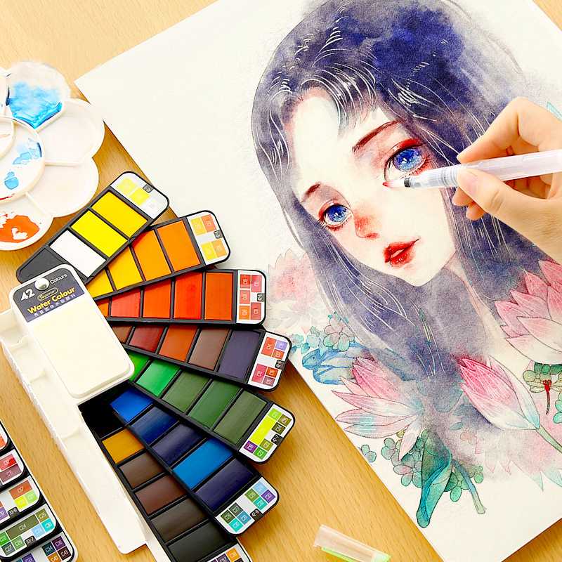 

Fan-shaped watercolor paint solid watercolor brush set with fountain pen children paint 42 color art supplies
