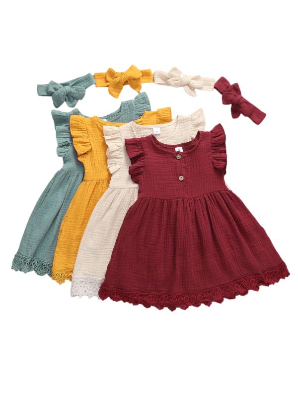 

1-4Y Summer Cute Baby Girls Dress 4 Colors Ruffles Sleeve Solid Bowknot Knee Length A-Line Dress Headband, Beige