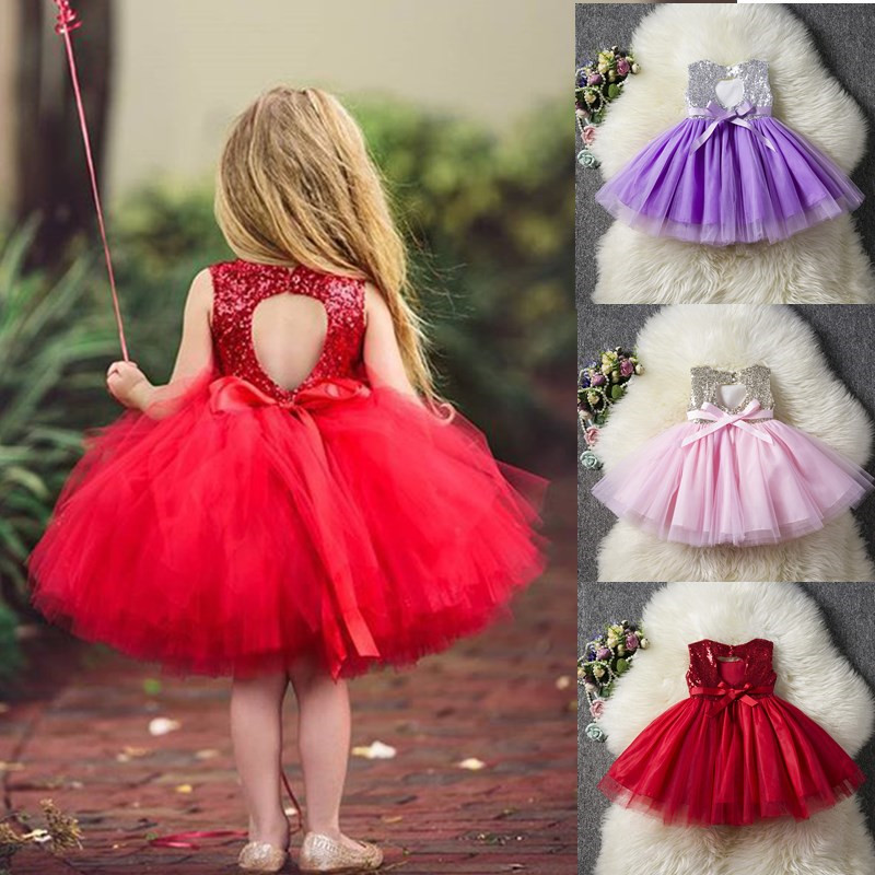 

Princess Kids Baby Fancy Wedding Dress Sequins Formal Party Dress For Girl Tutu Kids Clothes Children Backless Designs Dresses, Red