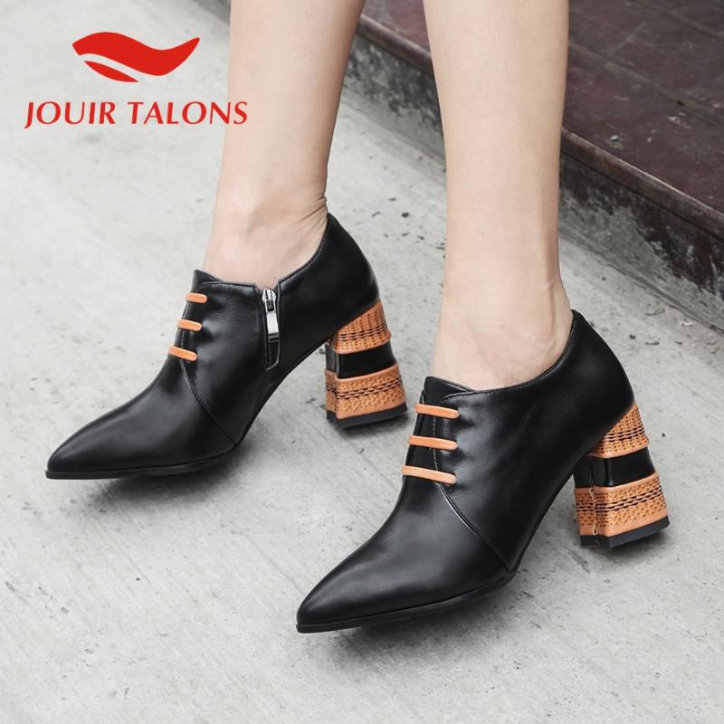 

JOUIR TALONS 2020 hot sale Genuine leather women boots Platform square heels pointed toe zip Spring/Autumn Woman shoes, Black