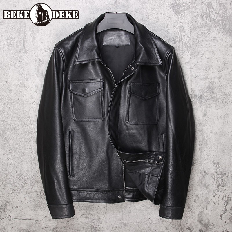 

Luxury Lapel Motorcycle Cowhide Jacket Men Washed Vintage Real Leather Short Coat Street Slim Fit Outerwear Plus Size, Black