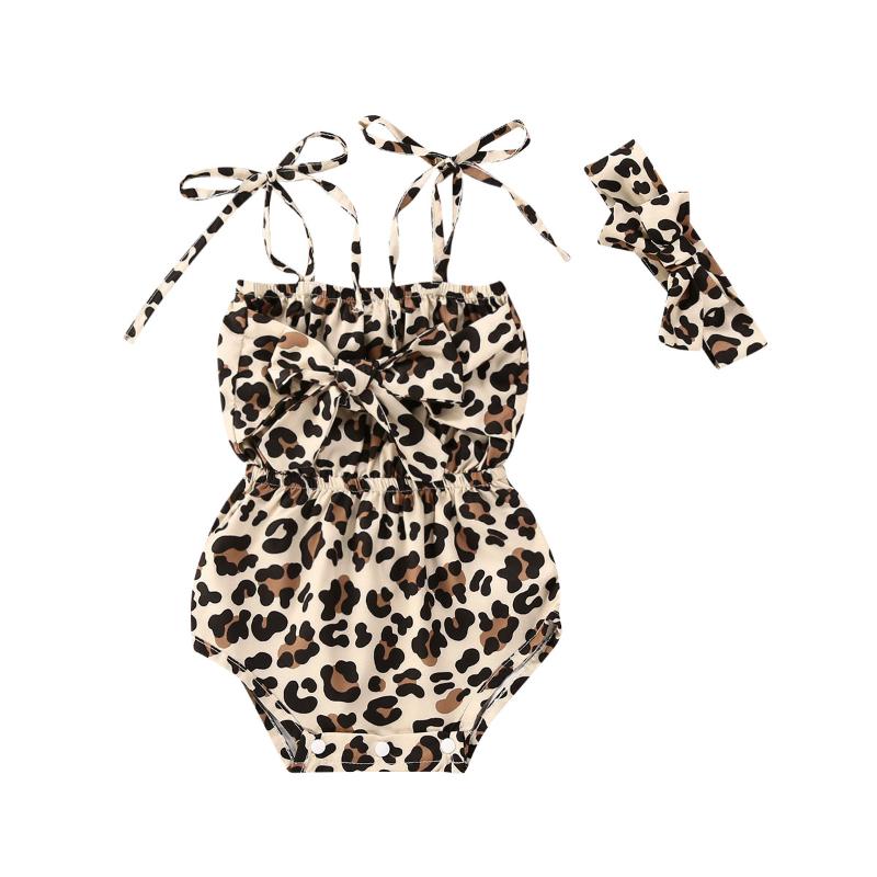 

New Toddler Kids 2-Piece Set Baby Girls Summer Clothes Fashion Leopard Print Romper Jumpsuit + Bow Hairband Outfits, As pic