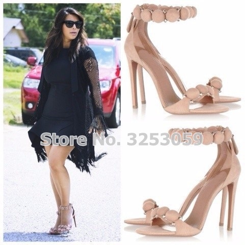 

ALMUDENA Designer Shoes Women Summer Button Studded Sandals Pyramid Studs Embellished High Pom Stiletto Heels Pumps Y200620, As picture