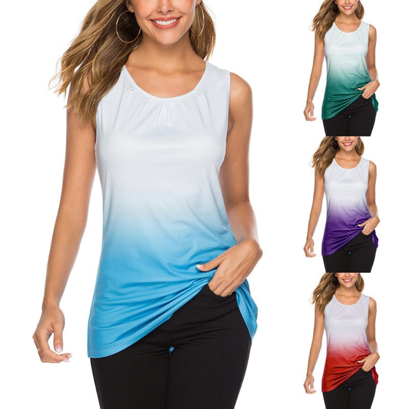 

women tops Summer clothes 2020 Splicing Gradient O Neck Sleeveless Casual T-Shirt Tops polyester cozy shirt vetement femme#G40, Purple