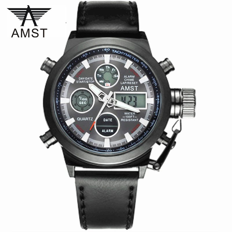 

Male Fashion Sport Military Wristwatches 2018 New AMST Watches Men Luxury Brand 5ATM 50m Dive LED Digital Analog Quartz Watches LY191213, L black