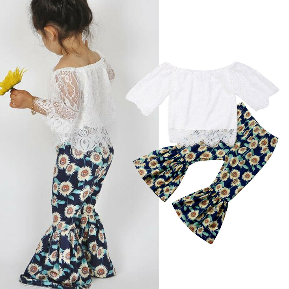 Newborn Baby Girls Princess Lace Off Shoulder Tops Sunflower Flared Pants Outfit