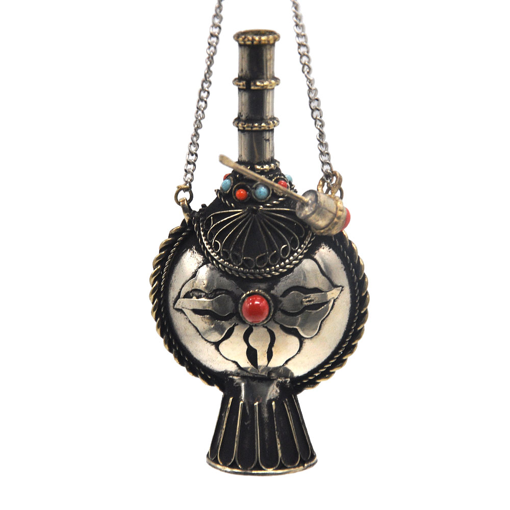 

Handmade Brass Vintage Snuff Bottles Pair Tibet Nepal Asian 90MM Red Turquoise Coral Vajra Dorje Spoon Snuff Snorter Straw Sniffer Nasal