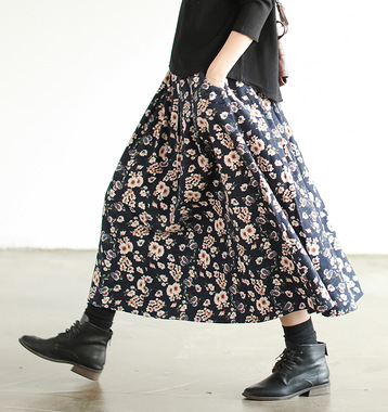 

Autumn New Cotton Sanded Floral Print Skirt Female Loose Elastic Waist Long Skirt Faldas Mujer Moda Female Casual Saia, Blue