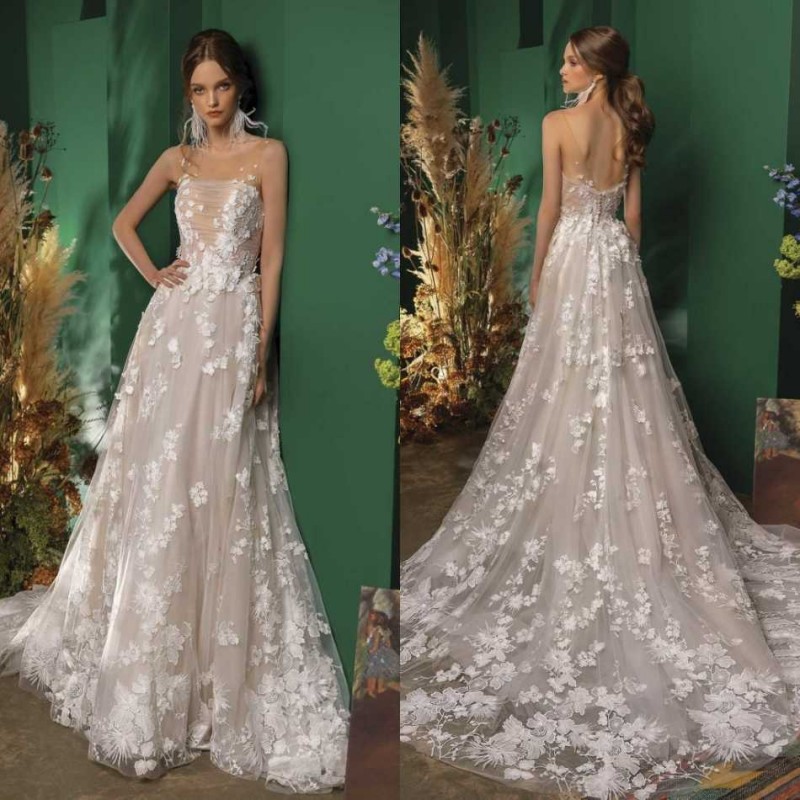 

Lace 2020 Papilio Beach Wedding Dresses Sheer Jewel Neck 3D Floral Appliqued Boho Bridal Dress A Line Cheap Bohemian Wedding Gowns, Custom made from color chart