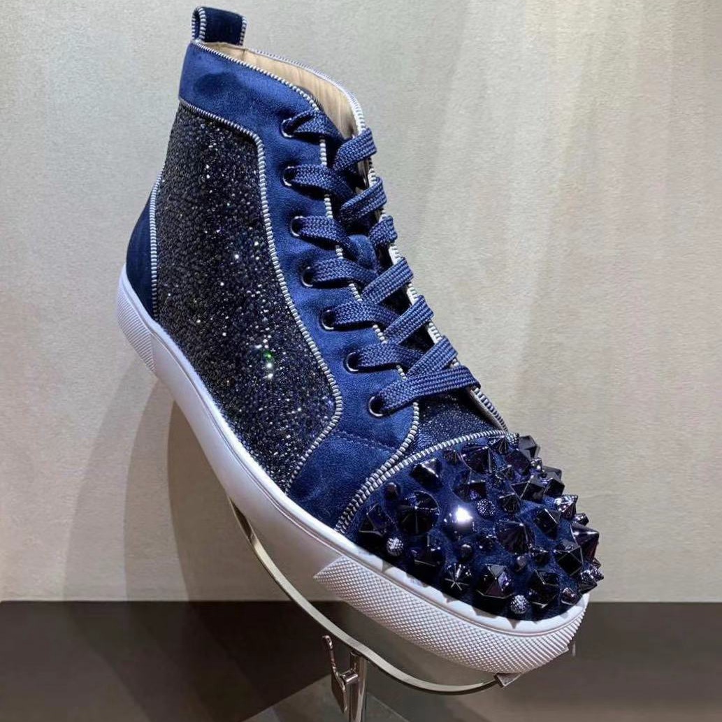

[Original Box+Dust Bag]Famous Brand Red Bottom Spikes Orlato Red Bottom Sneakers Shiny Rhinestone&Beads High Top Skateboarding Shoes, As is shown in