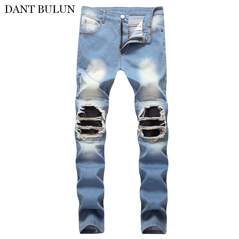 

Men Stretch Skinny Jeans Male Designer Elastic Pants Ripped Hole With Pleaed Patch Trousers High Street Denim Jeans Men Hip Hop, Blue