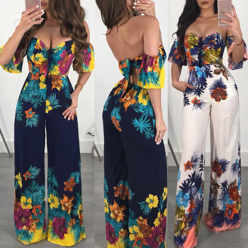 

Women Summer Jumpsuit Off Shoulder Backless Bandage Floral One Piece Long Pant Clubwear Party Jumpsuit, White