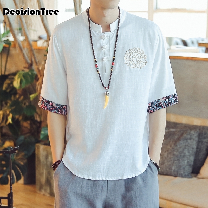 

2020 men patchwork shirt streetwear half sleeve harajuku vintage kimono shirts black open stitch