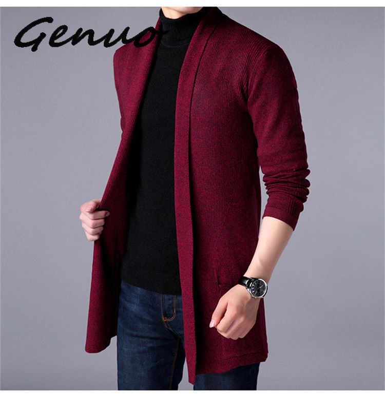 

Geuno New 2019 Men long style cardigan spring and autumn X-long knit sweater jackets solid color sweatercoat, Black