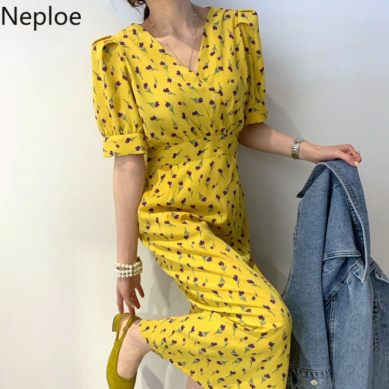 

Neploe Flower Print Dress Women Elegant V Neck Puff Sleeve Ladies Vestidos Summer 2020 Fashion Slim Waist Female Dresses 1C106, Black