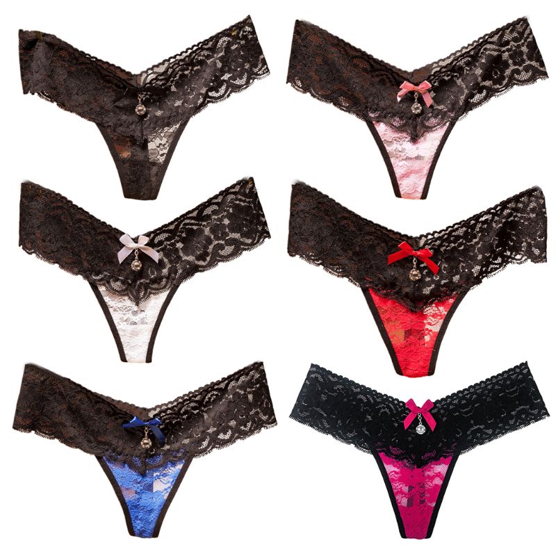 

Women Seamless Lingerie Briefs Hollow Sheer Contrast Color Floral Lace G-String Rhinestone Pendant Drop Bowknot Thongs, Hp