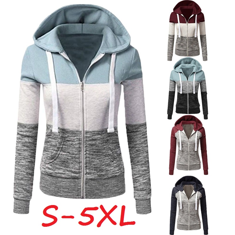 

Women Sweatshirts Hoodies Winter Casual Hooded Zipper Patchwork Woman Outwear Fashion Plus Size Color Block Female Sweatshirts, Blue