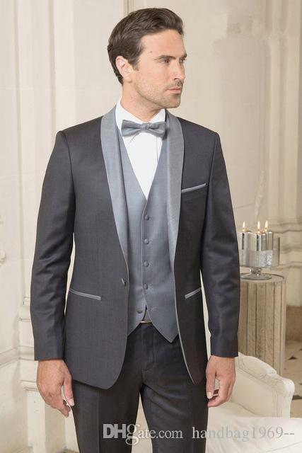 Dernière conception un bouton gris anthracite marié Tuxedos col châle homme robe de bal hommes costumes de mariage (veste + pantalon + gilet + cr