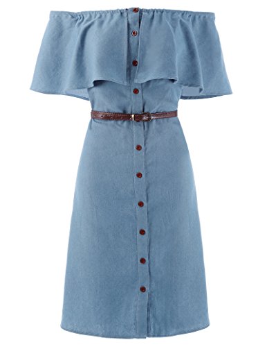 

Kate Kasin Women Off Shoulder Button up Denim Shirts Dresses with Belt, Kk501-2