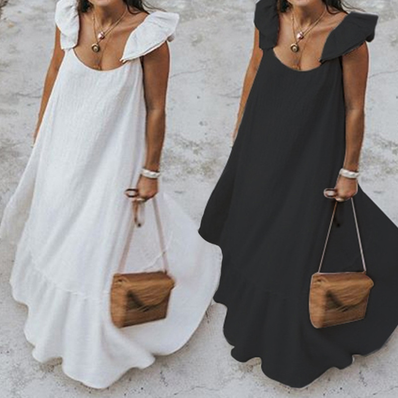 

Womens Dress 2020 Summer Ruffles Sundress Women Bohemian Solid Maxi Dress Casual Loose Female Sleeveless Robe Long Vestidos Plus Size, Black