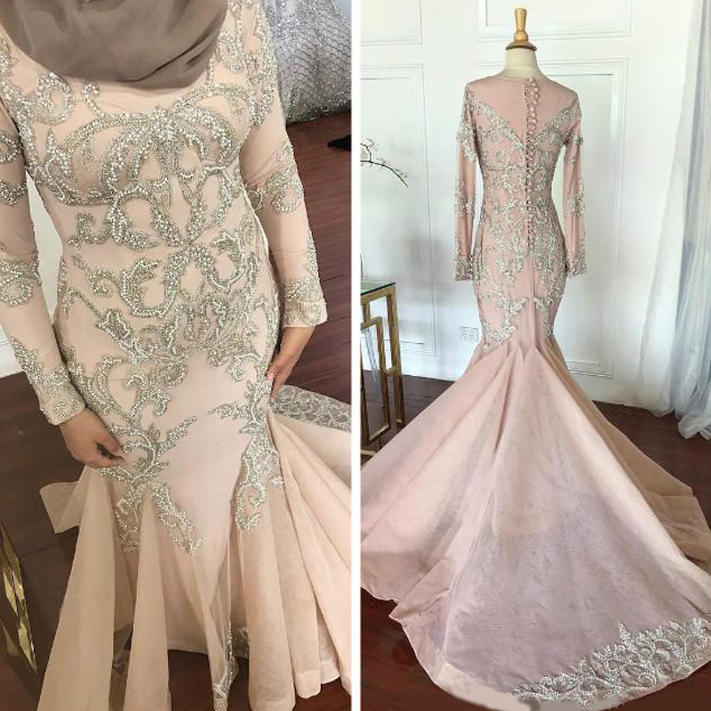 

2020 Arabic Aso Ebi Muslim Mermaid Sexy Evening Dresses Beaded Crystals Pearls Prom Dresses Tulle Formal Party Second Reception Gowns, Water melon