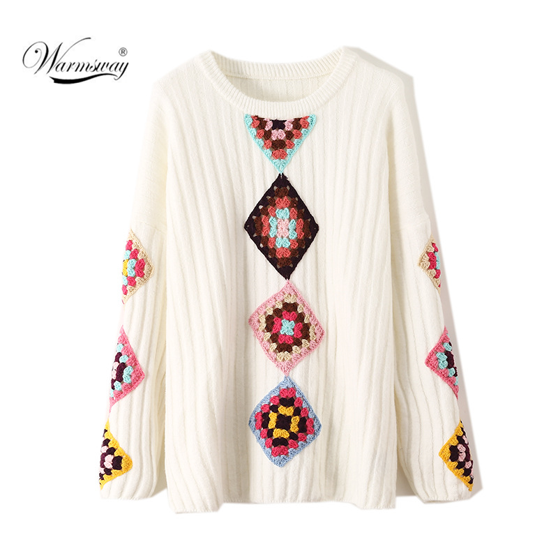 

2020 Fall winter New Arrival Plus size Loose Knitted Tops O-neck Long Sleeve Casual handmade Hook Flowers Pullover C-146, Black