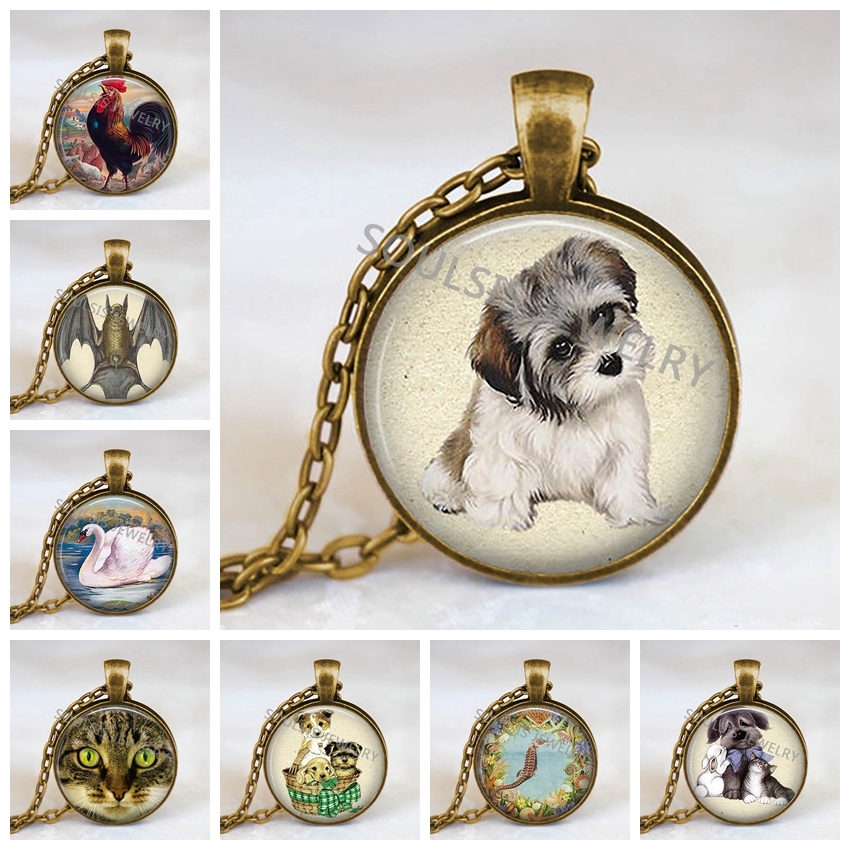 

Cute Dog Pendant Necklace, Dog Collar, Glass Dome, Cabochon, Fashion Jewelry, Steampunk Style Bronze Necklace, Gift For Women And Girls