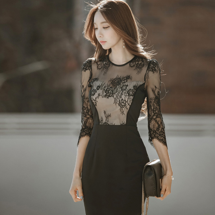 

BacklakeGirls Lace Splicing Black Sheath Bodycon Dress Women Sexy 3/4 Sleeve Round Neck Knee Length Party Dress Vestidos