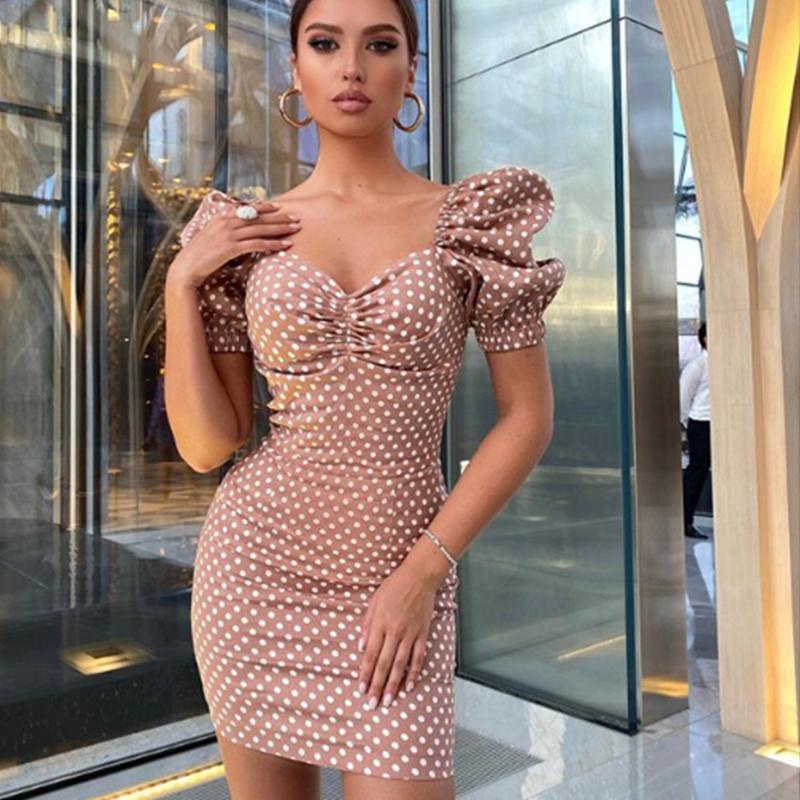 

Puff Sleeve Slim-Fit High-Waist Hip Dress Sexy V-neck Polka Dot Dress Bodycon, Black