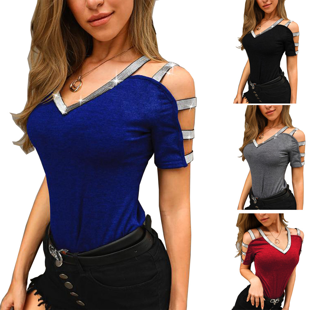 

Spring Summer Sexy Shinning Kitted Pullover Women Blouses Tops V-neck Short Sleeves Hollow Out Cold Shoulder Cotton Blended Slim T-shirt, Gray