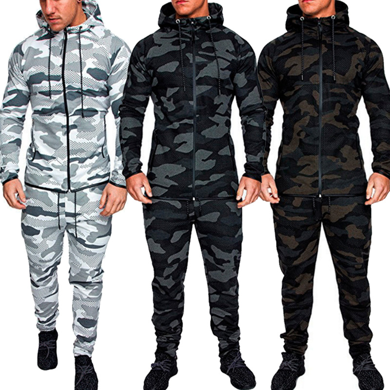 

New Fashion Men Set Long Sleeve Camouflage Hoodies+Pants Set Male Tracksuit Outdoors Suit Men's Gyms Casual Sportswear Suit, Gray