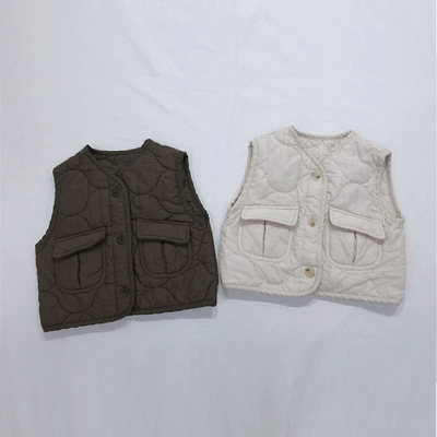 

Autumn Winter Retro Cotton Vests Kids Solid All-match Casual Waistcoats Boys Girls Outfit Unisex Plaid Sleeveless Coats, Beige