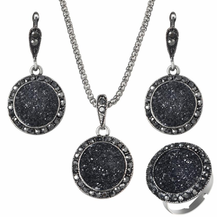 

Vintage Crystal Round Jewelry for Women Charm Necklace Earrings rings Sets Color Black Fashion Party Earring Jewelry New arrival 1Set=4pcs
