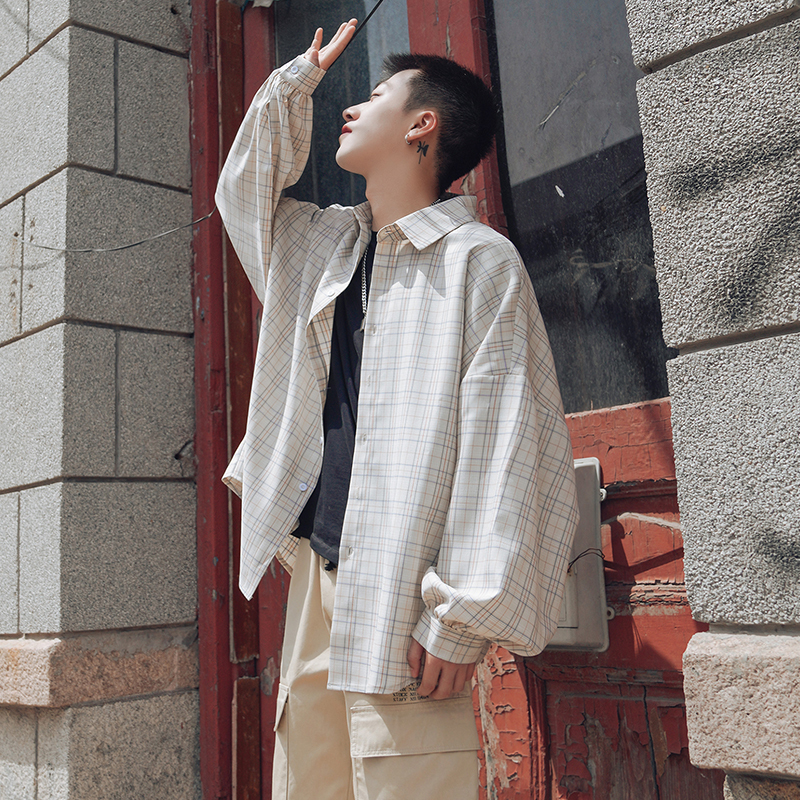 

2019 Spring And Autumn New Japanese Retro Men' Long Sleeve Plaid Shirt Loose Fashion Casual Top Jacket Khaki/Bei -XL, Beige