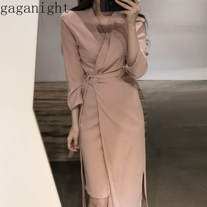 

Gaganight Fashion Spring Solid Bodycon Women Midi dress Long Sleeve Irregular V Neck Korean Office Lady Dresses Solid Vestidos, Black