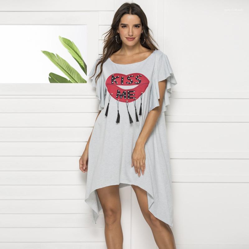 

Cloth Red Lip With Letter Print Woman Dress Fashion Tassel Rhineston Donna Summer Dress Brief Lady, White