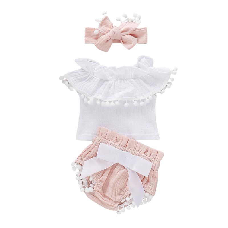 

3 Pieces Newborn Kids Baby Girls Clothes Set Lace Hollow Out Short Sleeve Tops Bow Shorts Headbands Outfits Clothing 0-24M, Blue