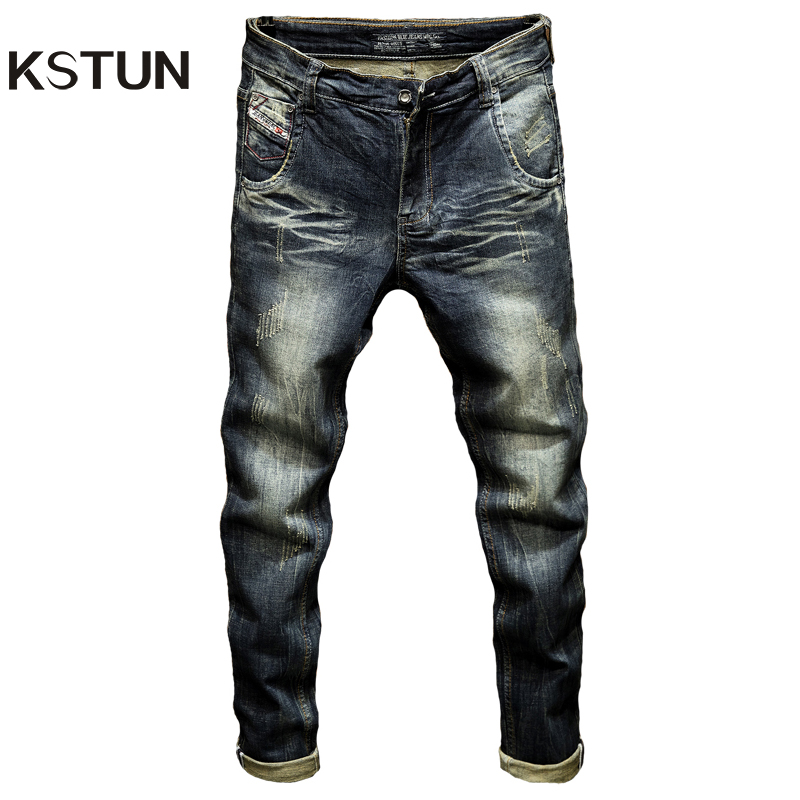 

Mens Dark Blue Jeans Pants Denim Slim Fit Elastic Casual Punk Jeans Men High Street Vintage Scratched Fashion Pockets Designer