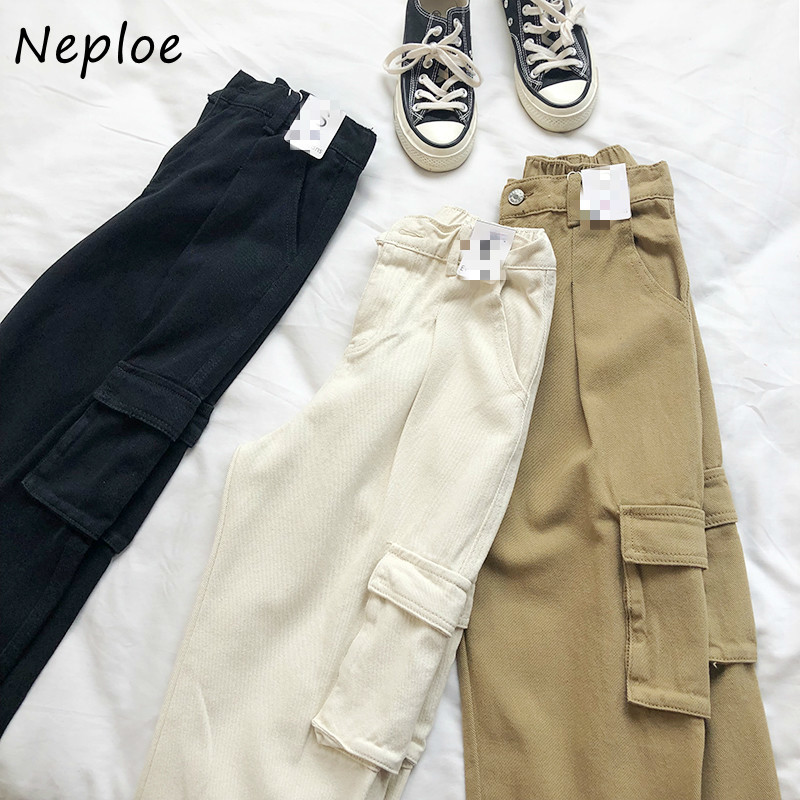 

Neploe Streetwear Safari Style Jeans Pants Stretch High Waist Long Trousers 2020 New Women Causal Straight Demin Pants 1F114, Khaki