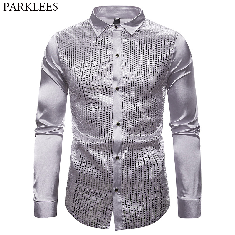 

Siliver Sequin Glitter Embellished Shirt Men Long Sleeve Casual Silk Satin Mens Dress Shirts Disco Dancer Stage Prom Chemise 2XL, Silver
