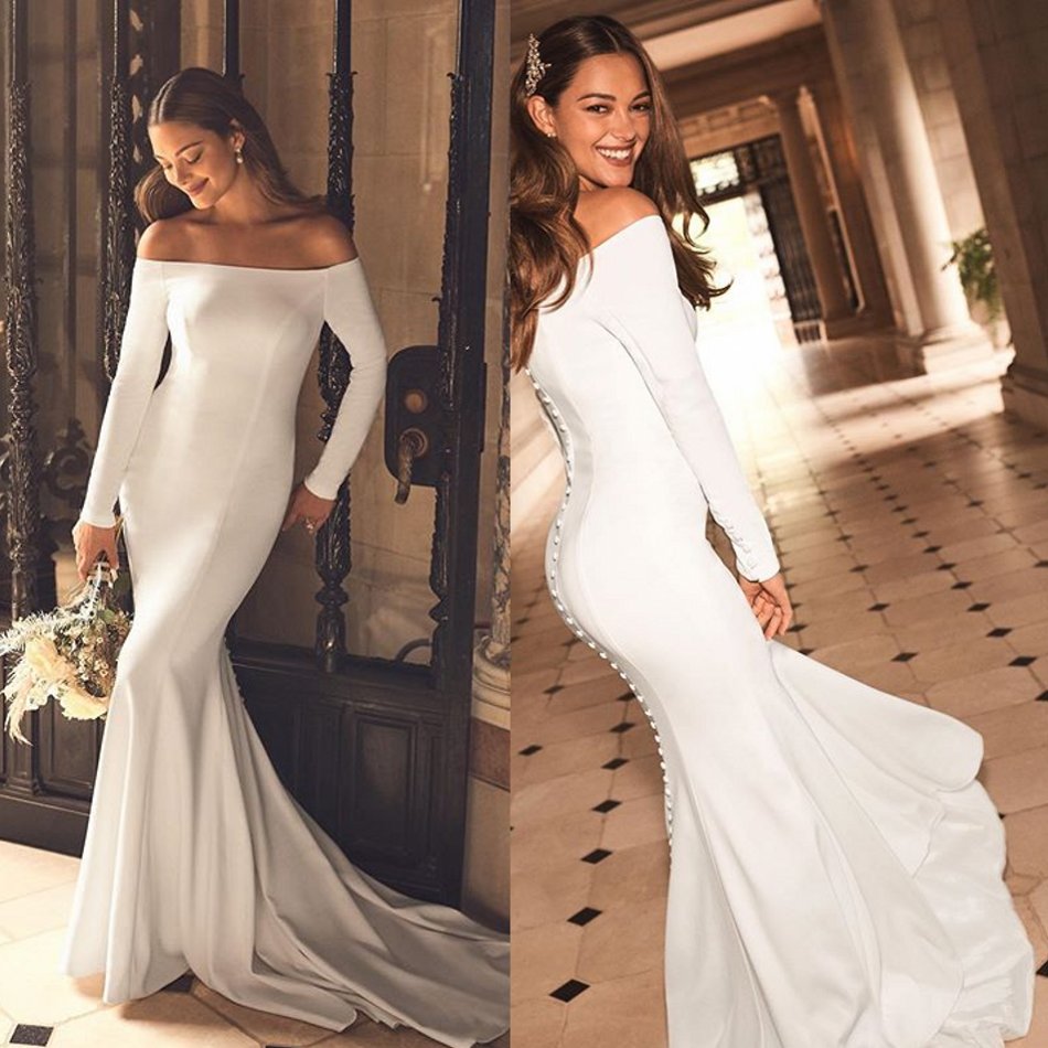 

2020 Mermaid Wedding Dresses Off Shoulder Satin Long Sleeve Bridal Gowns Sweep Train Beach Wedding Robes De Mariée, Nude