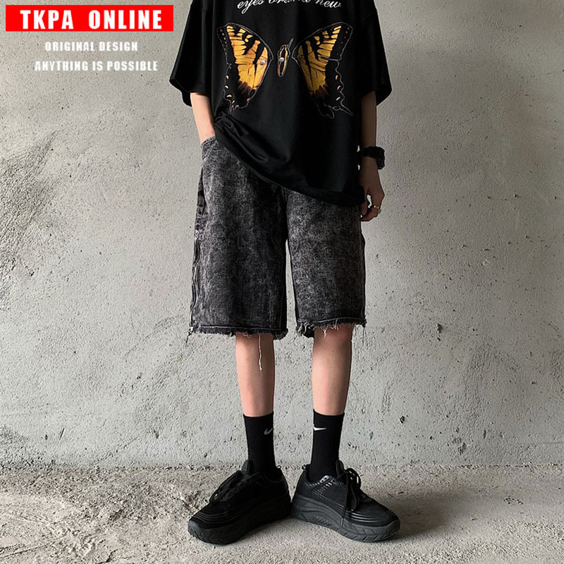 

fashion heavyweight wash edge denim shorts with side zipper loose men' and women' casual retro work clothes pants, Black