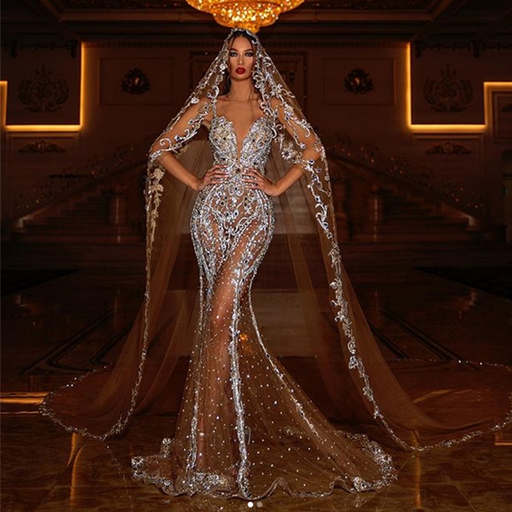 

Sexy Dubai Arabic Luxury Mermaid Wedding Dresses Crystals Rhinetones Sweep Train Sparkly Wedding Dress Bridal Gowns robe and veil, Same as image