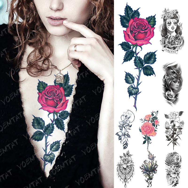 

Waterproof Temporary Tattoo Sticker Old School Rose Lotus Flash Tattoos Flower Lace Body Art Arm Fake Tatoo Women Men