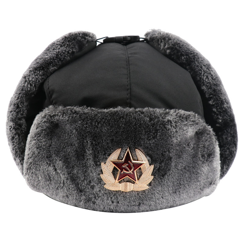 

Russia Ushanka Hat Soviet Badge Winter Faux Fur Earflap Men Snow Caps Waterproof Bomber Hats Pilot Trapper trooper Hat, Black soviet badge