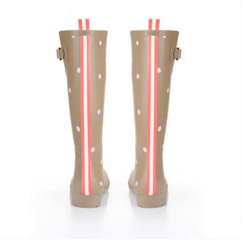

Hot Sale-ng Polka Dot Ladies Rubber MIid-Calf Heels Waterproof Buckle Rainboots 2016 New Fashion Design Women Dot Rain, Brown