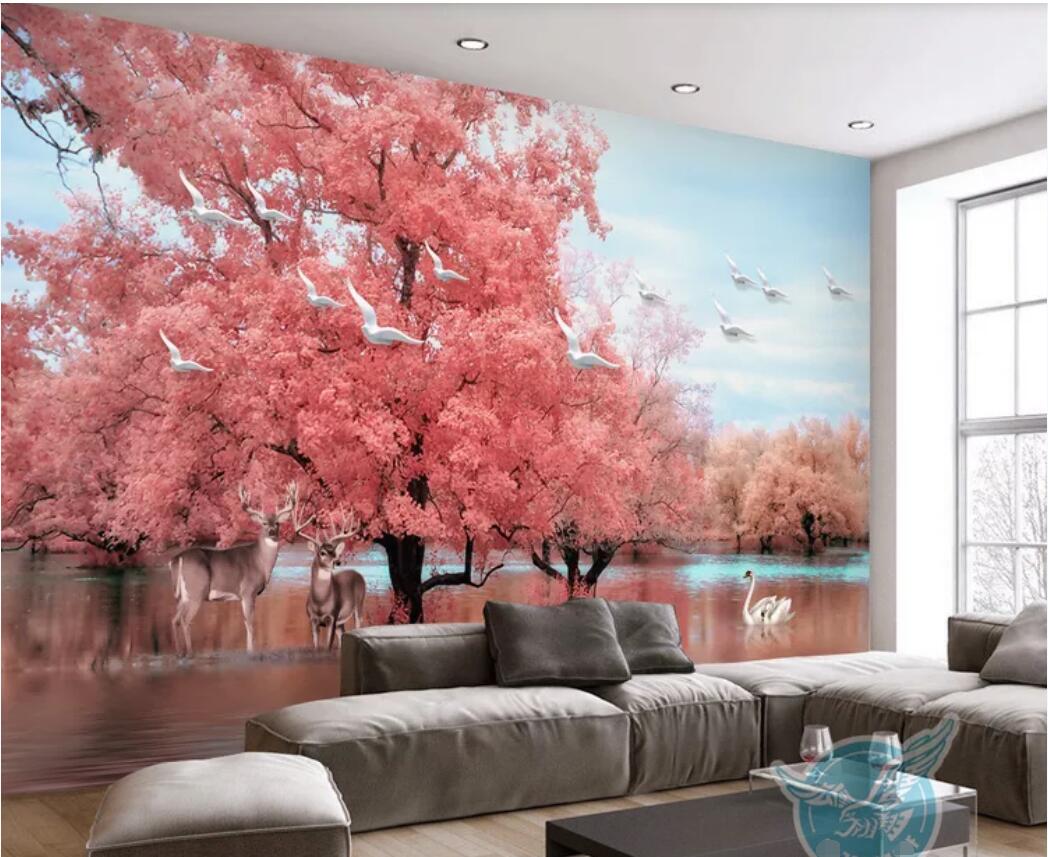 

3d wallpaper custom photo mural Fantasy Pink Tree Elk Swan Lake Landscape TV Background Wall home decor wall art pictures, Non-woven fabric